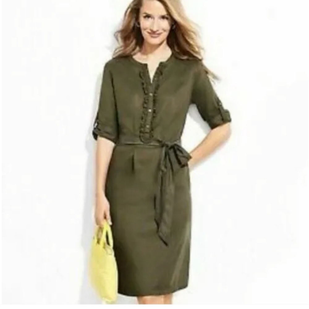 Talbots Olive Green Belted Shirt Dress Sz 6